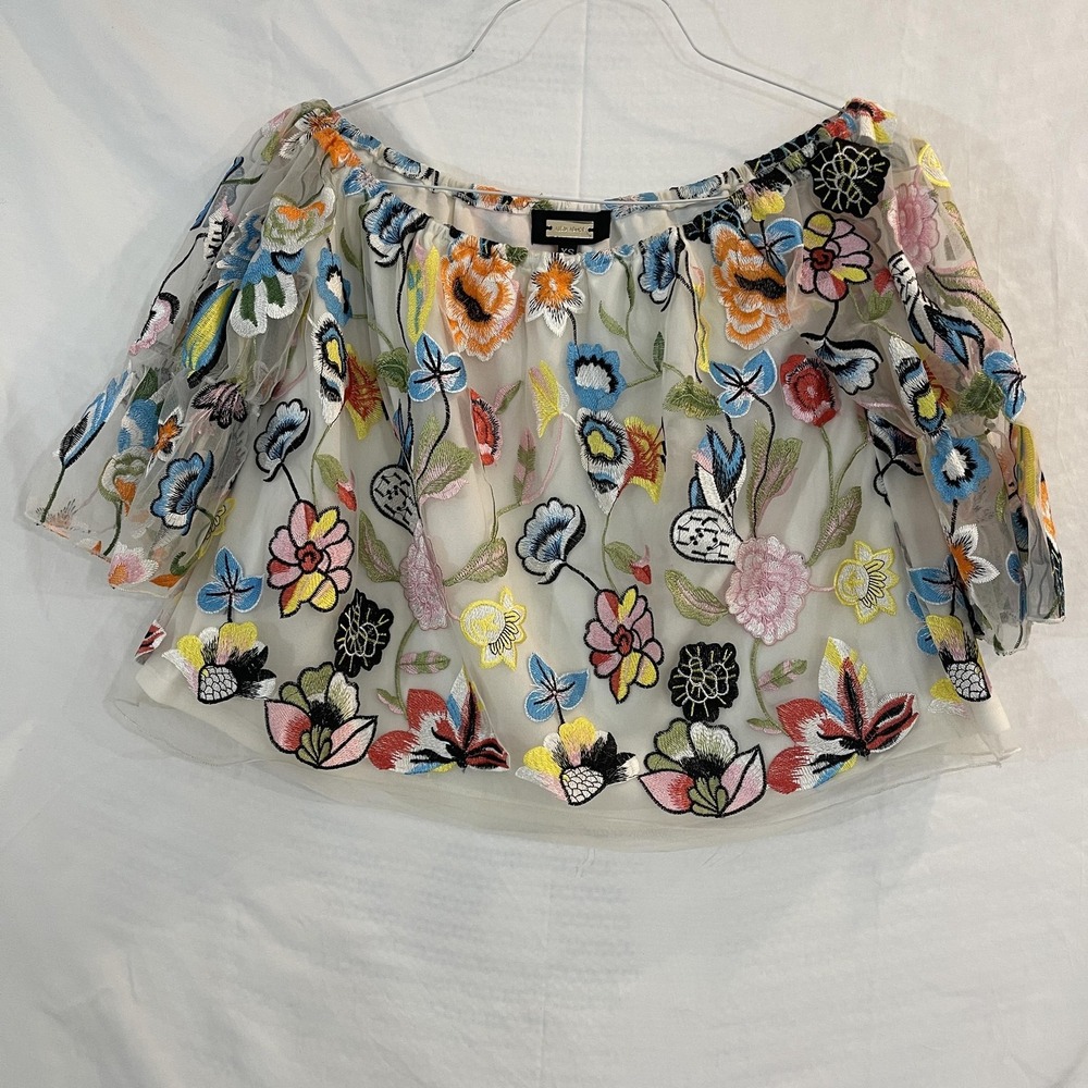 Alexia Admor Blouse Womens XS Ivory Mesh Embroidered Floral Off Shoulder Sheer